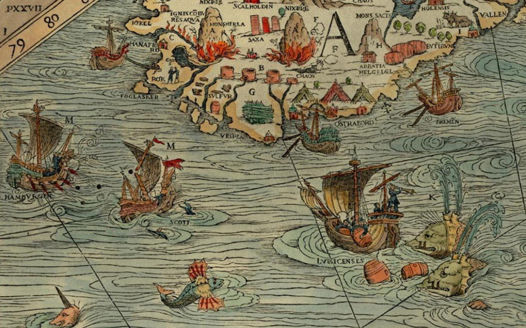 The southern coast of Iceland on the Carta Marina (1539) by Olaus Magnus. It shows trading ships from different countries and cities (Hamburg, Bremen, Lübeck), merchant booths, harbours, stockfish and sulphur.